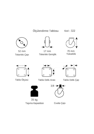 4 Adet Hts Döner 3/8 Vidalı Mobilya Tekeri Çap : 52 Mm Kod : 322