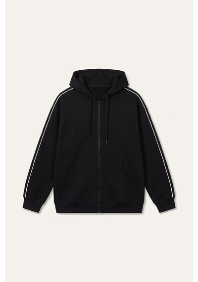 Defacto Boxy Fit Şerit Detaylı Kapüşonlu Fermuarlı Basic Sweatshirt Hırka H4428ax26aubk81 Siyah-bk81