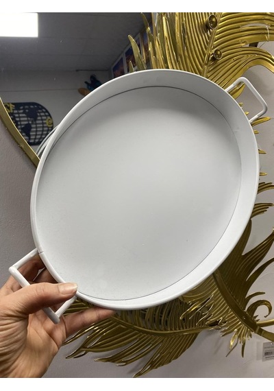 Metal Oval Tepsi, Beyaz, 36 Cm, Kulplu, Dekoratif Servis Tepsisi Çok Renkli
