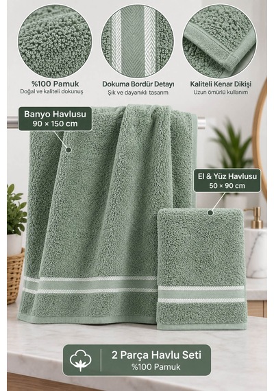 2 Parça Kadın/erkek Banyo Duş Hamam Havlu Seti 90x150 Cm Açık Yeşil
