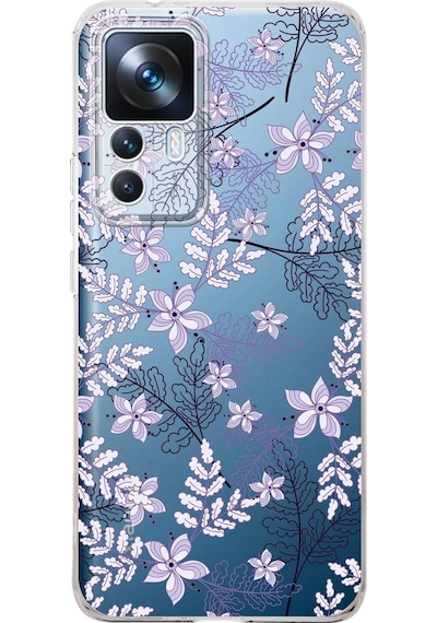 Xiaomi Mi 12t Kamera Korumalı Kapak Floral Lila Tasarımlı Şeffaf Kılıf