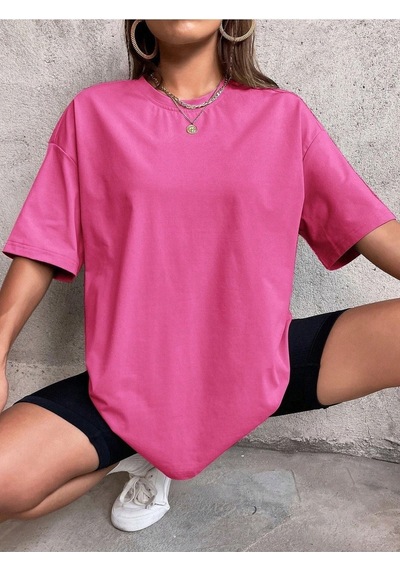 Düz Basic T-shirt - Pembe Oversize Bisiklet Yaka Kısa Kol Pembe