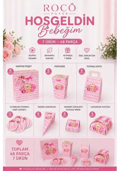 Hoşgeldin Bebeğim Hediyelik Seti, Pembe, Ayıcıklı Baby Shower&doğum Günü İkram Seti, 7 Ürün-48 Parça