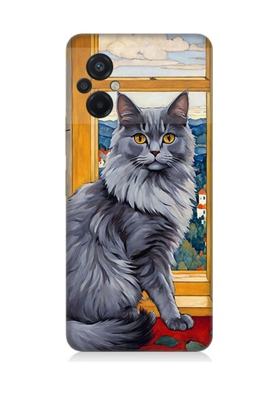 Xiaomi Poco M5 Uyumlu Kül Rengi Tüylü Kedi Desenli Silikon Kılıf
