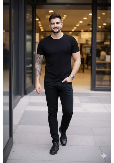 Novalisse Erkek Body Tişört Bisiklet Yaka Slim Fit Likralı T-shirt - Siyah Çoklu Renk