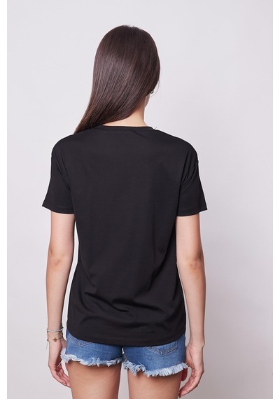 Jument Baskılı Sıfır Yaka Kırışmaz Span Karışımlı Şık Kısa Kol T-shirt Bluz- Siyah Kedi Kalp Desenli Kedi Kalp