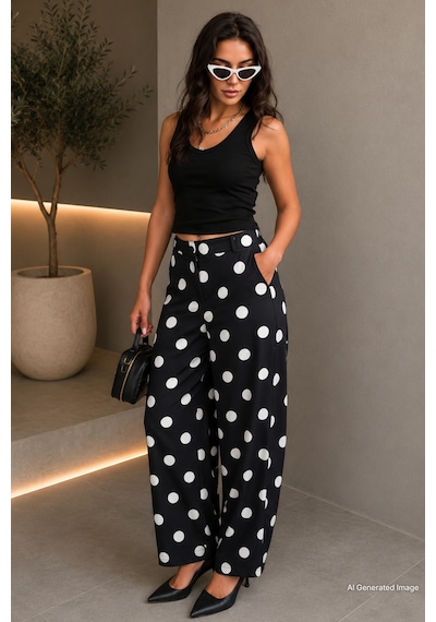 Madmext Siyah Puantiyeli Beli Lastikli Balon Kadın Pantolon Mg2886