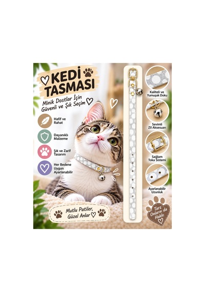 Kedi Tasması Gri Beyaz Puantiyeli Zilli Ayarlanabilir Boyun Tasması