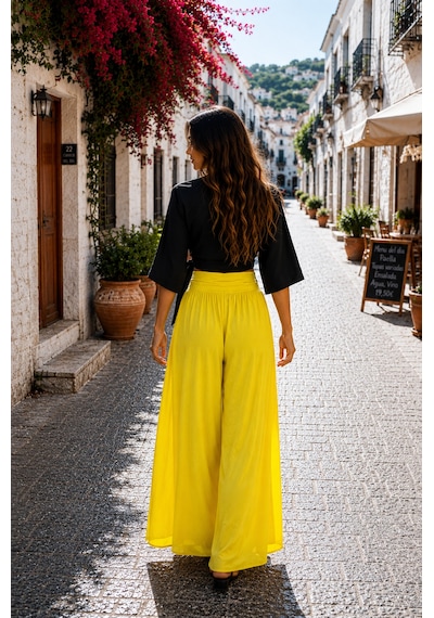 Bohem Stil Italyan Korsajlı Astarlı İpek Wes Pantolon Boyu:105-110 Cm Sarı