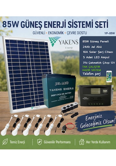 85w Hazır Solar Paketi Güneş Paneli Enerji Sistem 24ah Jel Akü + 10a Şarj Kontrol Cihazı + 5 Led Ampul + 3'lü Çakmaklık