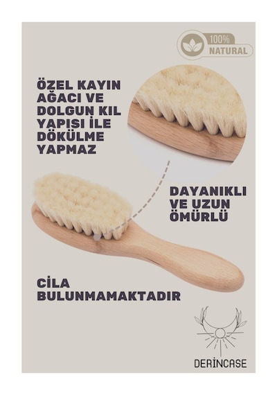%100 Doğal Keçi Kılı Bebek Saç Fırçası Ve Kayın Ahşap Şimşir Tarak + Bez Kese Hediyeli
