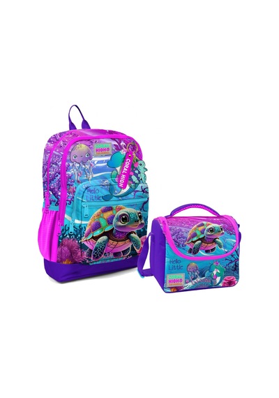 Coral High Dört Bölmeli Kız Çocuk Okul Sırt Çantası ve Beslenme Seti - Pembe Mor Kaplumbağa