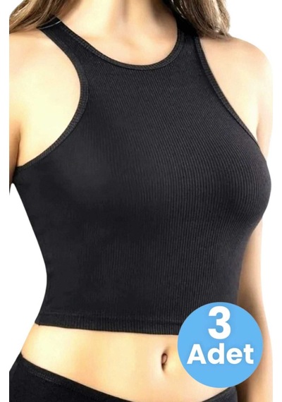 Uniquetrenders Kadın Geniş Askılı Kaşkorse Crop 3'lü Set Siyah