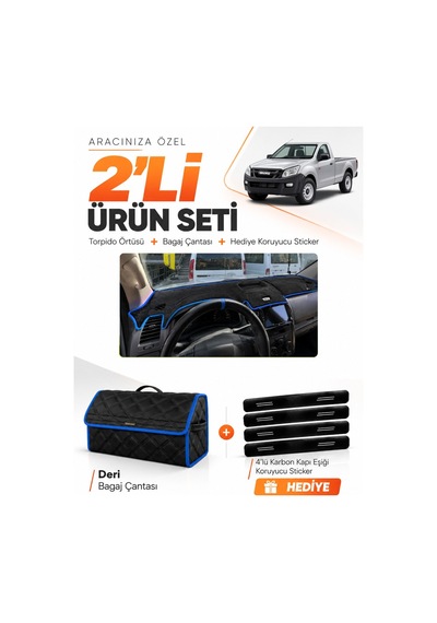 E-biz Isuzu D-max 2012-2019 Uyumlu Torpido Örtüsü + Deri Bagaj Çantası Seti - Siyah-mavi - Is002