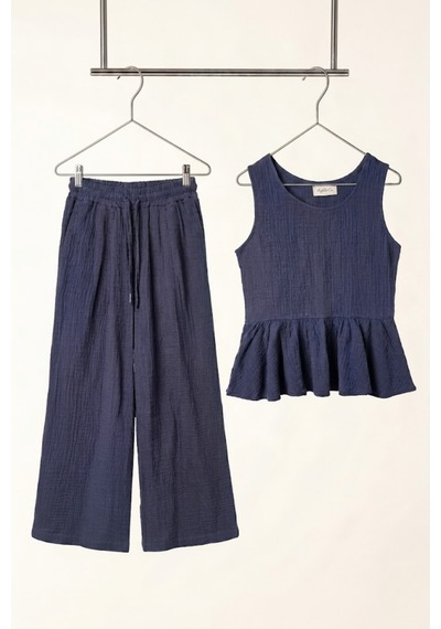 Angel&co. Girls Clothing Kız Çocuk Müslin Bluz Pantolon 2'li Takım Lacivert Lacivert