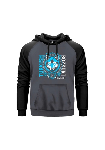 Dikey Turkish Bozkurt Tipografili Mavi Baskılı Gri Renk Reglan Kol Sweatshirt Kapşonlu Dikey Turkish Bozkurt Tipografili Mavi Baskılı Gri Renk Reglan Kol Sweatshirt Kapşonlu