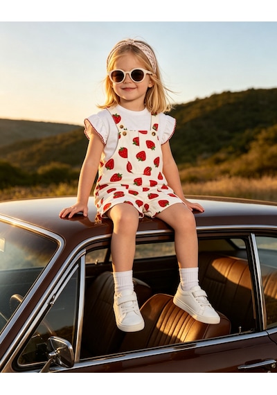 Baby Lory Kids Store Çilekli Kız Çocuk Salopet Kırmızı - Beyaz