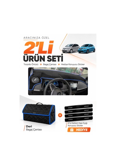Renault Zoe 2012-2024 Uyumlu Torpido Örtüsü + Deri Bagaj Çantası + Sticker Seti - Siyah Mavi