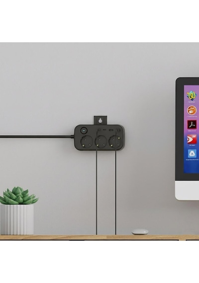 Isı Dayanıklı Duvar Askılı Telefon Tutucu 3'lü Priz 2xusb 2xtype-c Çıkış Anahtarlı Priz Uzatma Kablo 2 M