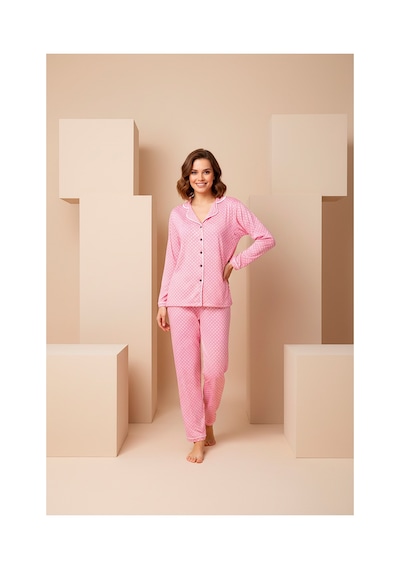 Rindahomewear Anne-kız Puantiye Desenli Örme Düğmeli Uzun Kollu Pijama Takımı Pembe