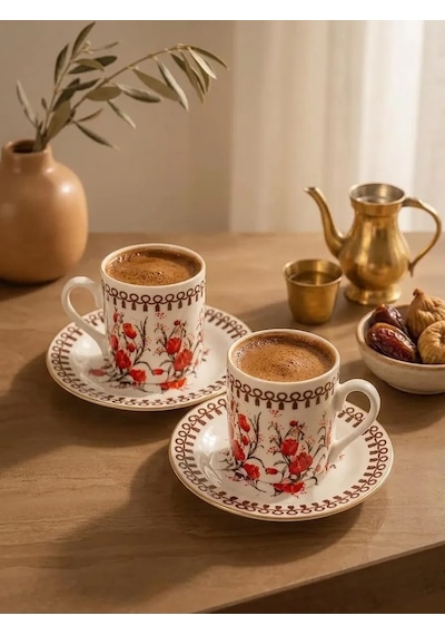 Çiçek Desenli Türk Kahvesi Fincan Takımı 2 Kişilik, Vintage Kahve Fincanı Seti Kiremit