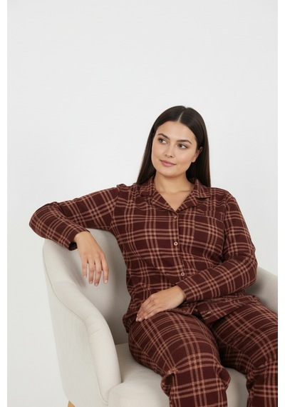 Bravie Luxury Soft Kahverengi Ekose Desenli Uzun Kollu Kadın Pijama Takımı Büyük Beden 3009 Kahverengi