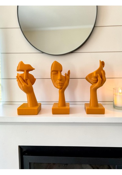 Modern Yüz Figürlü 3 Lü Dekoratif Heykel Seti-ev Ve Ofis Dekorasyonu Biblo 15 Cm Mat Gold