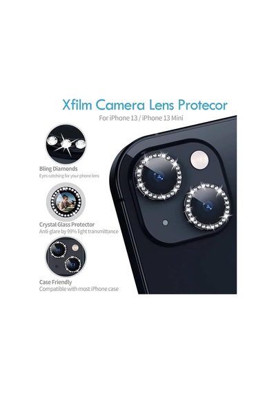 İphone 13/13 Mini İle Uyumlu Yüksek Kalite Parlak Elmas Desenli Taşlı Gümüş Özel Tasarım Kamera Lens Koruyucu İdb-91