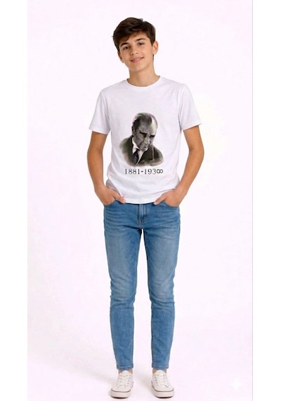 Erkek Çocuk Atatürk Baskılı Tişört Kısa Kollu Bisiklet Yaka T-shirt - Beyaz Çok Renkli