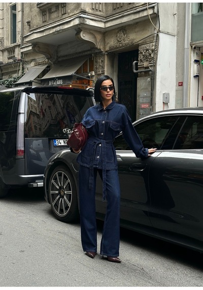 Meecy Koyu Lacivert Bağlamalı Denim Takım Oversize Ceket Ve Pantolon Lacivert Lacivert