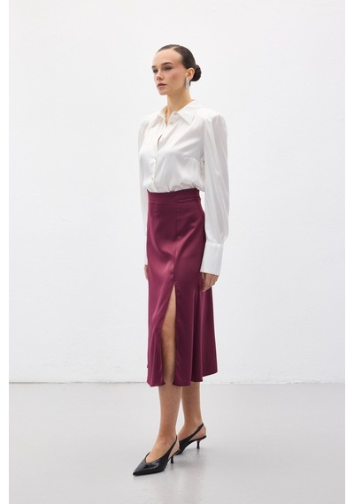 Sateen Yırtmaçlı Saten Etek - Mürdüm-136724 Mürdüm