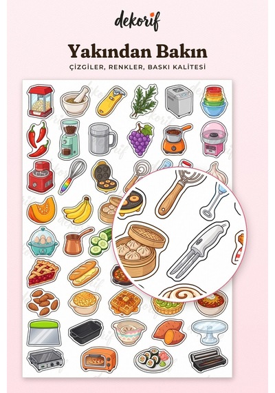 Renkli Mutfak Sticker Seti 100 Adet - Gereçleri Tarif Malzemeleri Ajanda Journal Defter Çıkartma Çok Renkli