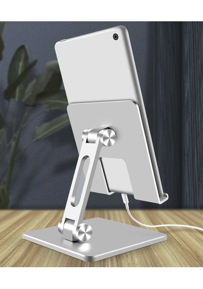 Masaüstü Telefon Tablet Standı Ağır Metal Taban, Katlanabilir, 180 Dönen Çift Dirsekli Tutucu Gri