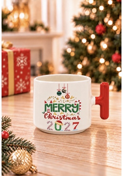 Mesela Yılbaşı Kupası Merry Christmas 2027 Desenli Kırmızı Kulplu Hediyelik Kahve T Kupa Bardak Beyaz