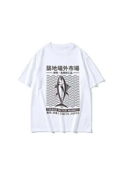 Tarzsokak Beyaz Japon Tsukiji Outep Market Balık Komik Grafik Retro Y T-sh