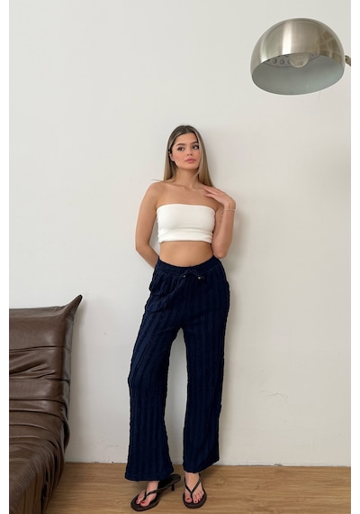 Giysa Kadın Beli Ayarlanabilir Fırfır Detaylı Çift Cepli Pantolon Lacivert - Ms0001626