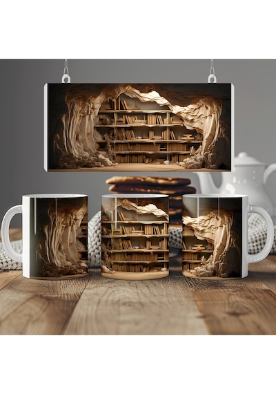 3d Efektli Kitaplık Ve Mum Işığı Kupa Bardak - Mistik Kütüphane Tasarım - Kabartmasız Beyaz
