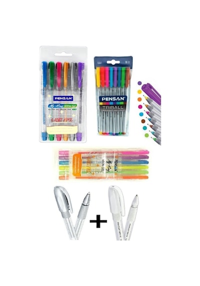Pensan Kalem Set (Simli Jel Kalem+Neon Jel Kalem+Tükenmez Kalem+B