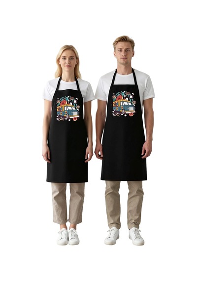 Unisex Mutfak Aşçı Önlüğü Donut Baskılı Grafik Desen Rahat Kesim Siyah