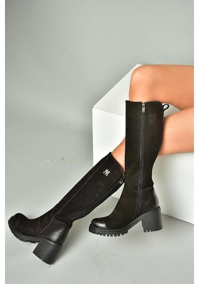 Fox Shoes R654034003 Siyah Hakiki Deri Kalın Topuklu Kadın Çizme Siyah