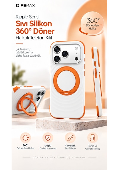 Remax Ripple Series İphone 18 Pro Max Uyumlu Likit Silikon Kılıf - 360 Döner Standlı Rmc-5 - Beyaz