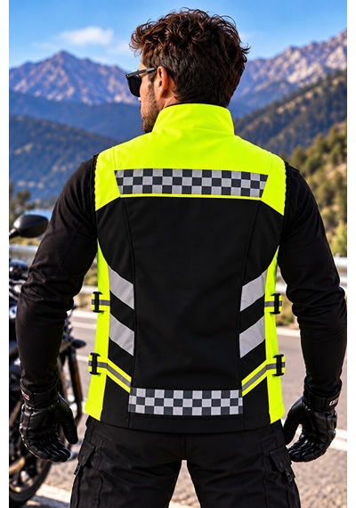 Snow Wolfs Softshell Kumaş, Suya Dayanıklı Motorcu Yeleği, Reflektörlü, Yanlarından Ayarlanabilir Siyah