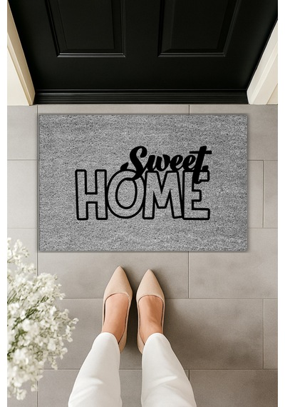 Rugmood Modern Dijital Baskı Paspas - Sweet Home Paspas - Kapı Önü Paspası 70x45cm Gri