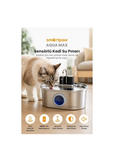 Aqua Max Sensörlü Kedi Su Pınarı Distribütör Garantili