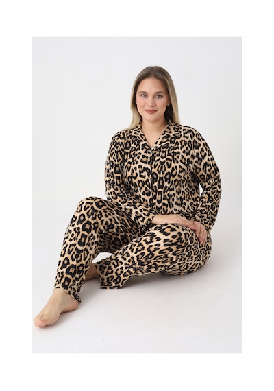 Estiva Kadın Kaplan Desenli Kahverengi Önden Düğmeli Soft Battal Pijama Takımı Çok renkli