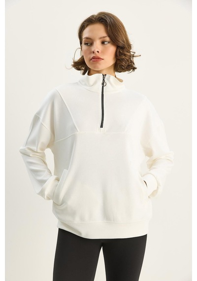 Shade Kadın Dik Yaka Yarım Fermuarlı Cep Detaylı Oversize Modal Sweatshirt 60601053 - Ekru