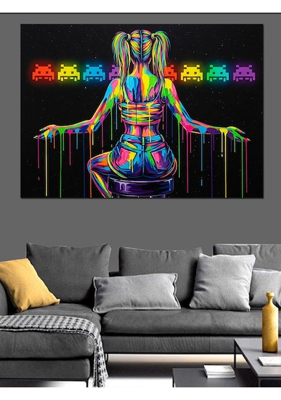 Neon Işıklı Kadın Ve Emojiler İllüstrasyonu Dekoratif Kanvas - Mdf Ahşap Tablo