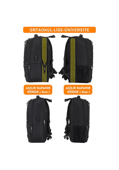 Körüklü Siyah Okul Sırt Çantası Lise Üniversite Unisex Su Geçirmez Kumaş 14"-15,6" İnç Siyah
