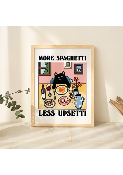 Daha Fazla Spagetti Daha Az Pişmanlık Siyah Kedi Baskısı, Retro Lokanta Posteri
