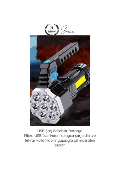 Fener Usb Şarjlı El Feneri 7 Xpe Cob Led 5 Modlu Şarj Göstergeli Güçlü Işıldak Abs Gövdeli Taşınabi Çok Renkli